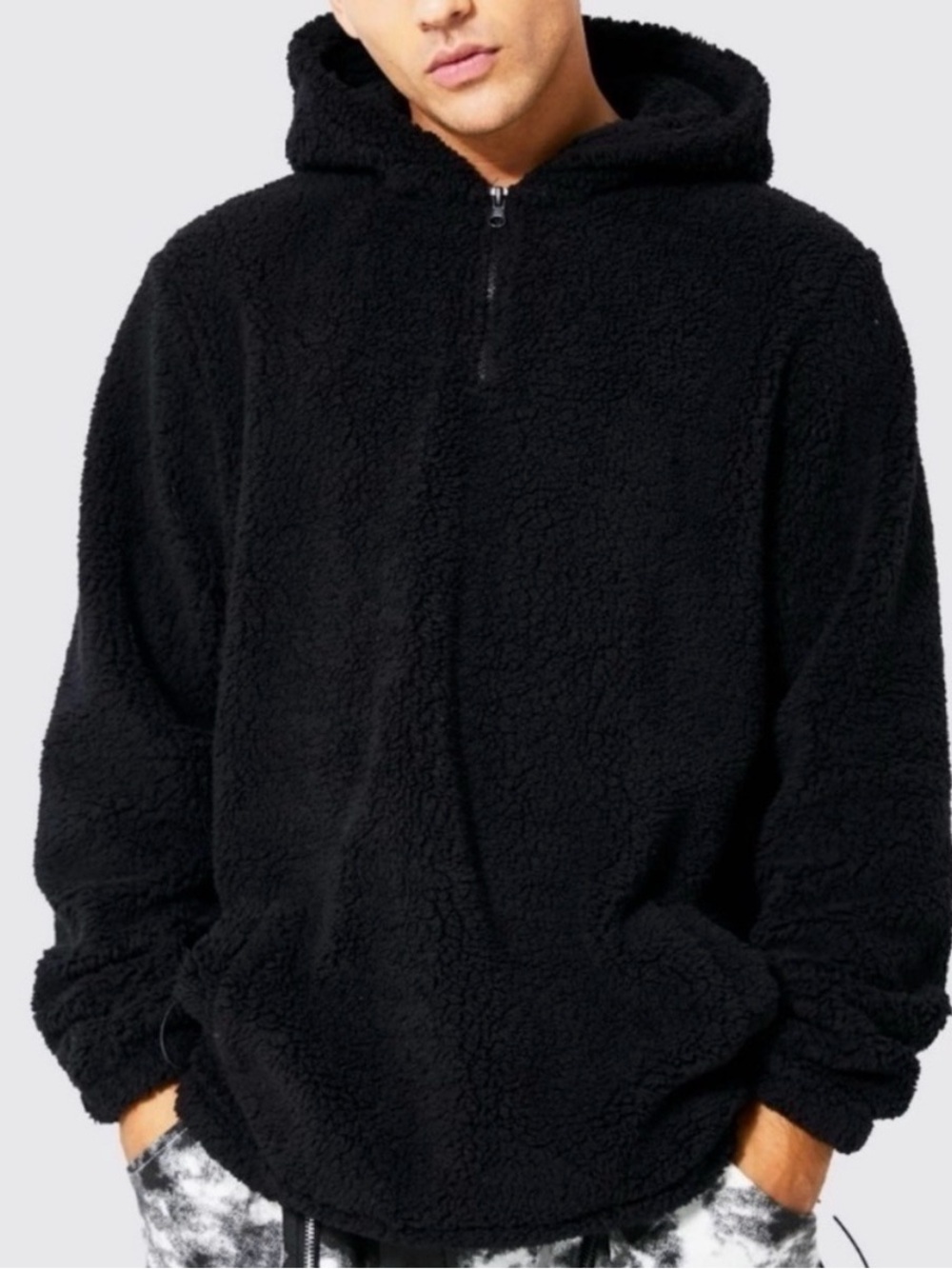 NWT Boohooman Men's Black Sherpa Half-Zip Hooded Sweater